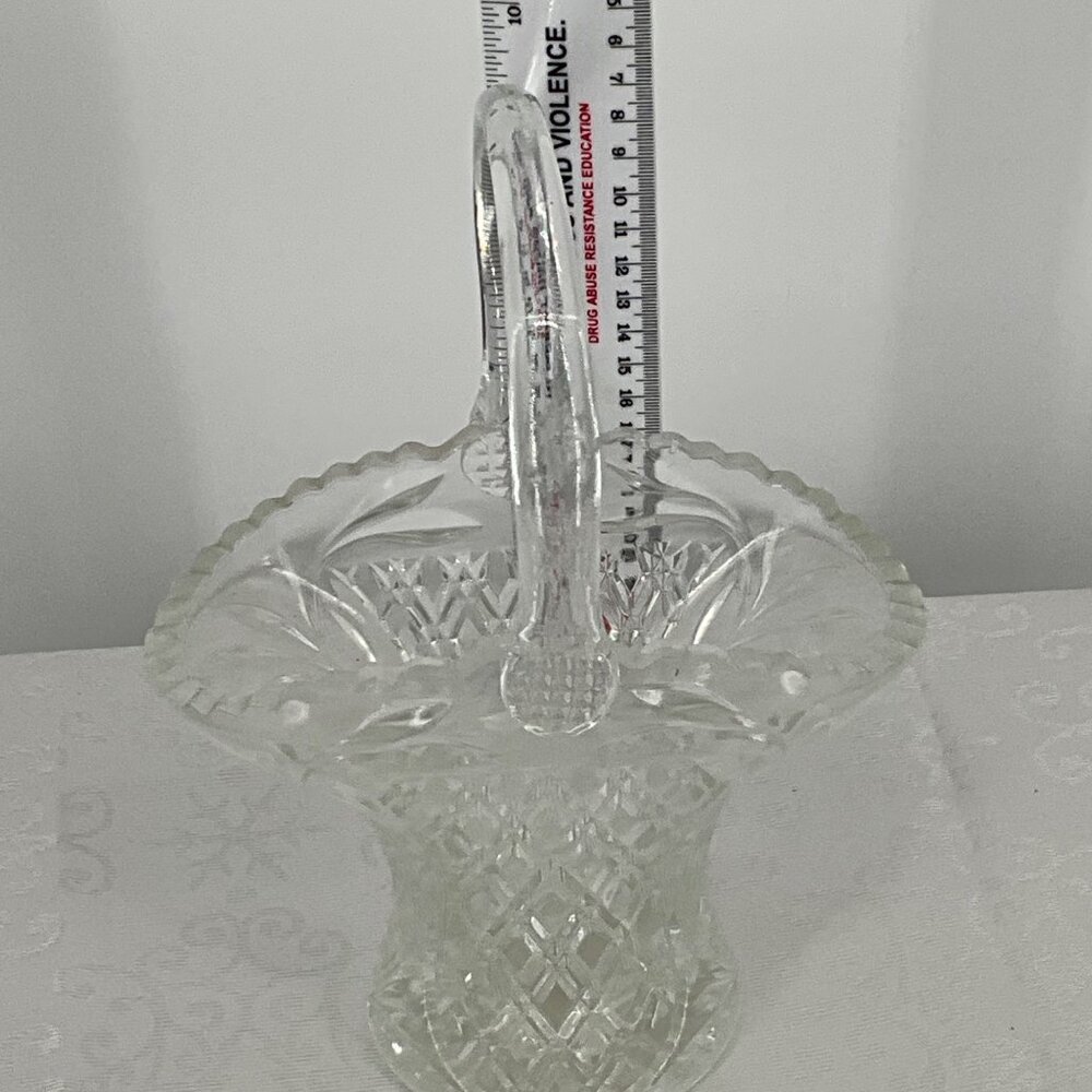 Vintage Clear Crystal Basket With Handle Intricate Cut Design Decorative Display